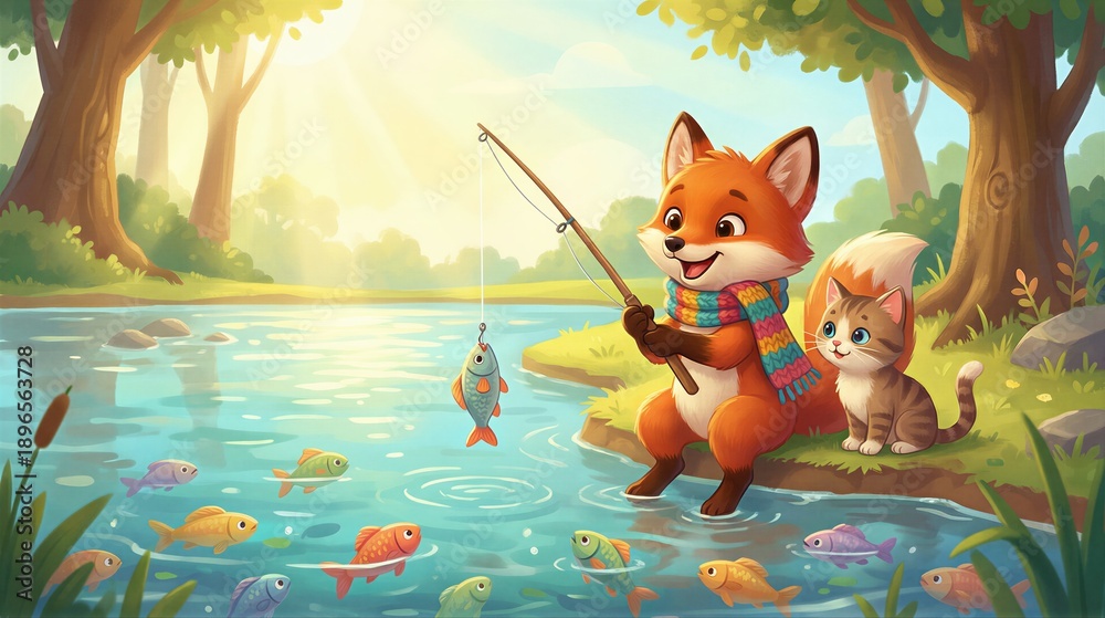 Fototapeta premium A cute fox character fishing from a river with a small kitten nearby. Cartoon illustration for children book, story, or educational material.