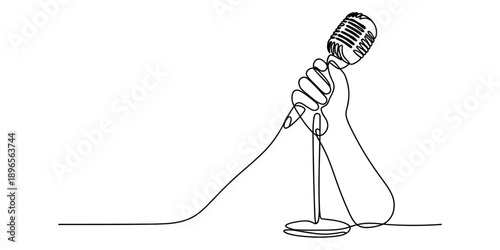 Continuous line art drawing of a hand holding a vintage microphone on a stand