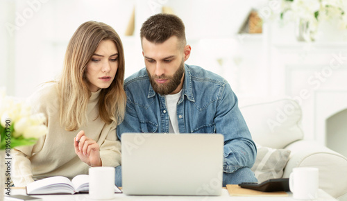 Bilde på lerret Millennial couple managing expenses with laptop and checking accountancy and bil