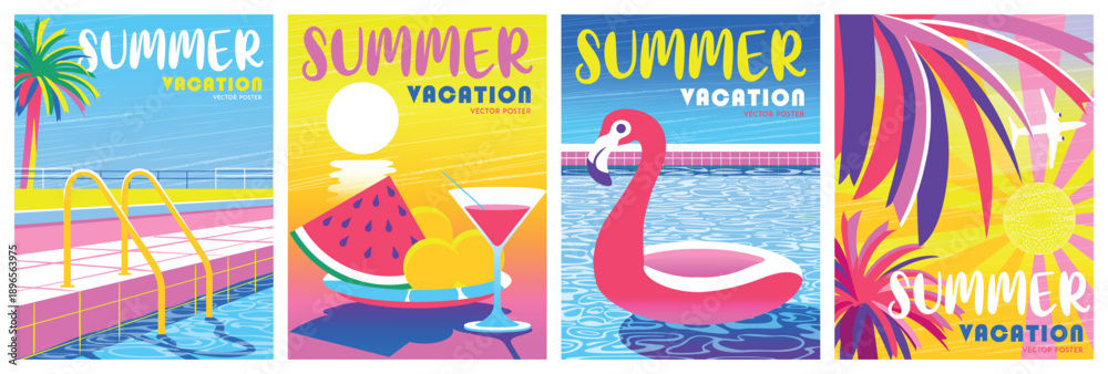 Obraz premium Summer beach family holidays and weekends. Set of cute trendy vector illustrations: swimming pool, sun rays, tropical palm leaves, cocktail and tropical fruits, flamingo bathing circle.