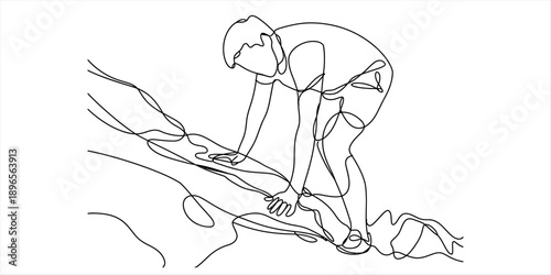 A person engaging with a rocky surface in a continuous line art drawing, showcasing movement