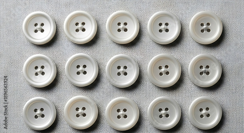 Photorealistic studio photograph of multiple shirt buttons placed neatly on a fabric background.
The buttons are round, identical, and evenly spaced, made of polished plastic or mother-of-pearl, each 