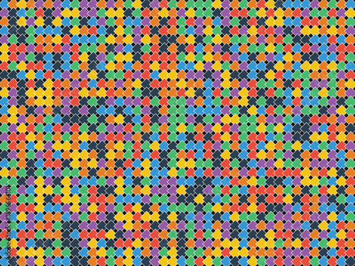 Vibrant mosaic of colorful small cross stitches creating a cheerful abstract pattern