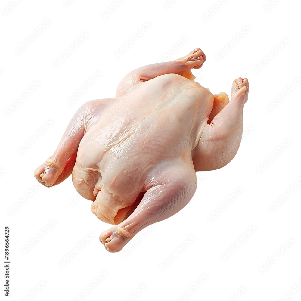 Fototapeta premium A hand holds a fresh raw whole chicken poultry bird isolated on white background, showing uncooked skin and meat as a prime cooking ingredient for a broiler meal or dinner