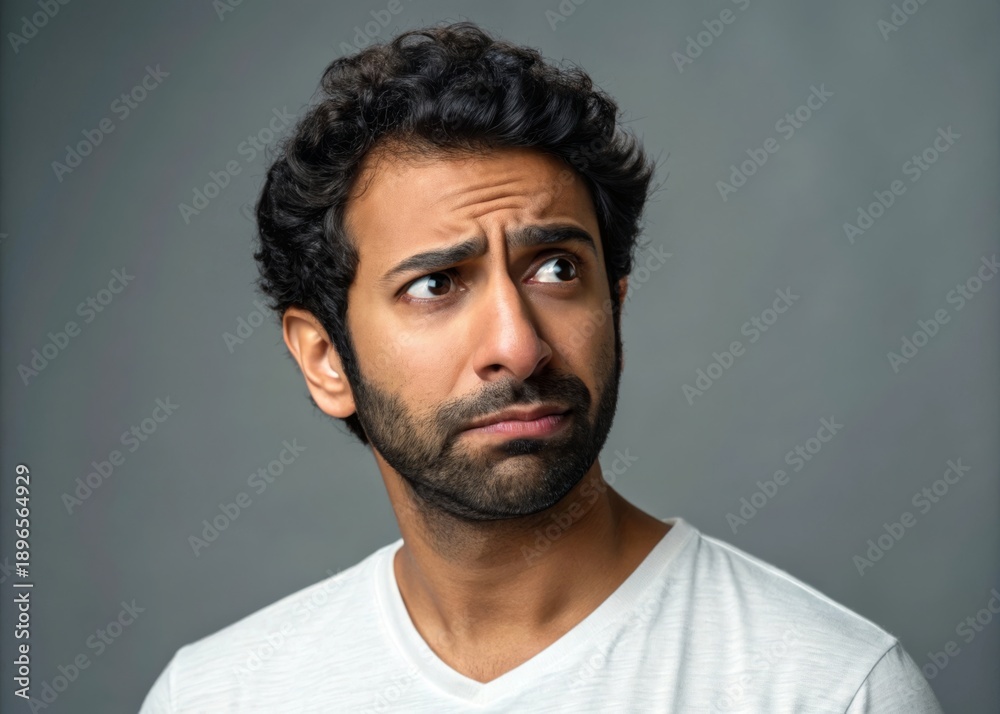 Fototapeta premium Worried expression of a middle eastern man in natural studio light portrait photography indoor setting emotional depth