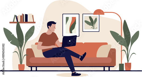 Man using laptop in sofa - Person sitting cross legged in couch at home in living room relaxing with laptop in lap smiling. Flat design isolated vector illustration graphic on white background.