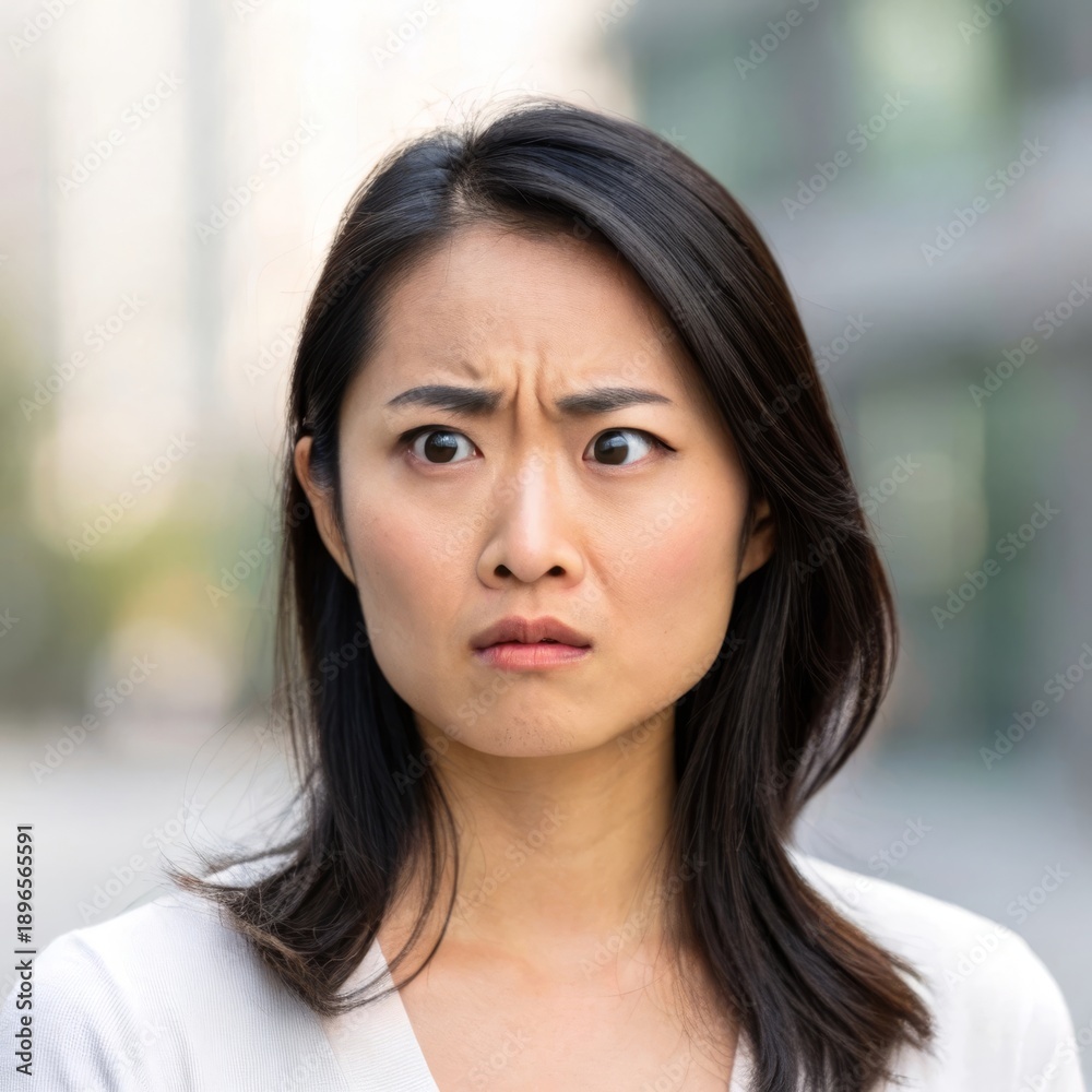 Naklejka premium Confused expression of an asian woman's upper face portrait indoor setting emotional close-up capture natural light expressive mood for artistic exploration