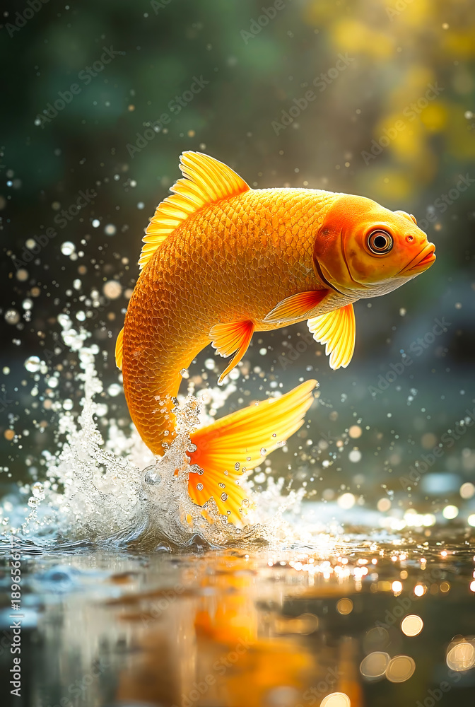 Fototapeta premium Beautiful goldfish swimming in a clear aquarium with bubbles