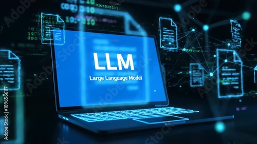 Laptop screen displays 'LLM Large Language Model' surrounded by glowing data nodes and document icons on a dark background.