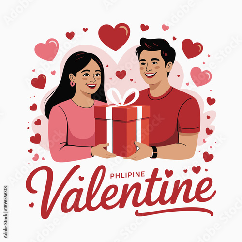Happy Valentine Couple Exchanging Gift Romantic Love Illustration Vector