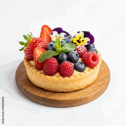 Delicious fruit tart with fresh berries and edible flowers on wooden board