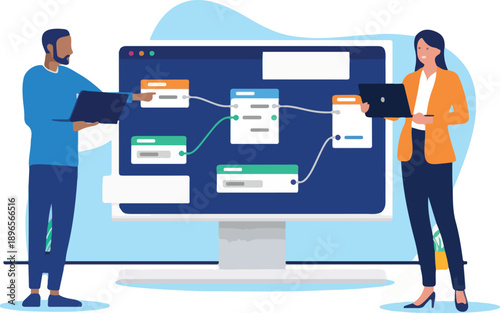 Computer people solving complex problem - Two developers working using node-based interface for scripting data science and software. Flat design vector illustration on white background