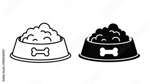 Vector illustration of two dog food bowls with kibble, black and outline styles, on transparent background