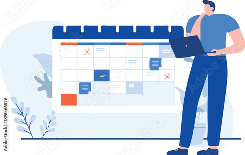 Work calendar - Person making plan for work days and the coming month, thinking with computer in hand. Time management concept, flat design vector illustration with white background.