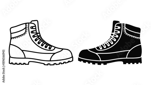 Vector illustration of, on transparent background, a pair of black and outline hiking boots for outdoor adventures