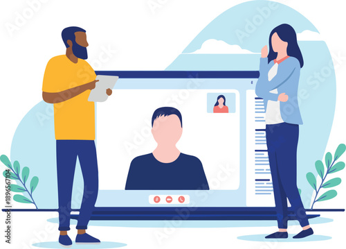 Remote meeting at work - People having a physical meeting while colleagues participating remotely online on computer screen..
