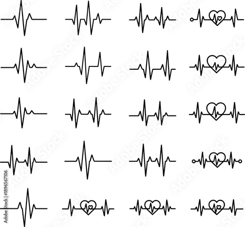 Heartbeat ECG vector icon set with pulse heart rate monitor lines and medical cardio symbols on transparent background