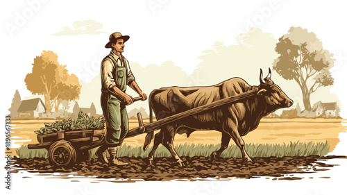 Charming Cartoon Farmer Ploughing Field with Bullock Cart - Agricultural Scene
