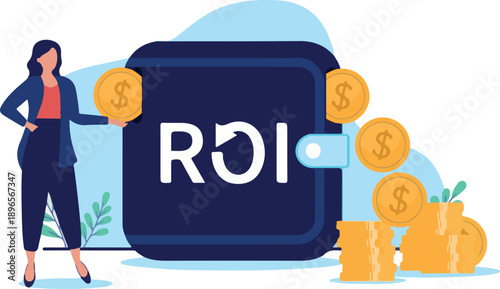 : Return on investment and savings - Woman person putting money and savings in wallet, investing and having great benefits and returns, making money and passive income. Flat design vector graphic