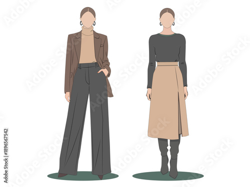 Minimalist Women Fashion Illustration with Neutral Outfit Style.