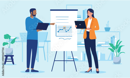  People looking at graph - Businessman and businesswoman with laptop computers doing presentation on flip over shite board with rising graph and chart. Flat design vector illustration.