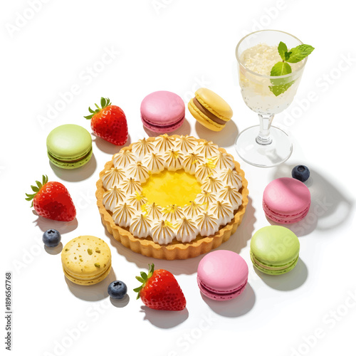 Delicious lemon tart with colorful macarons and fresh fruit