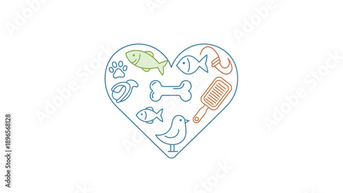 Pet care and love icons arranged in a heart shape.