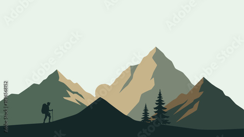 Hiker walking through a serene mountain landscape at sunset.