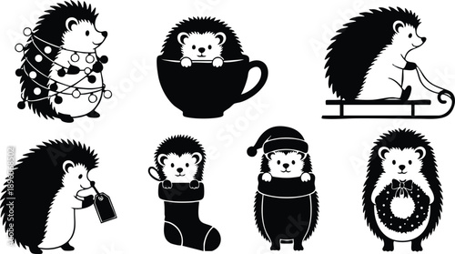 Black silhouette hedgehogs in flat style tangled in christmas lights sitting inside cup riding sled holding tag peeking from stocking wearing santa hat and holding wreath festive holiday vector set