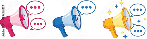 3d megaphone with speech bubble. Voice message. Realistic loudspeaker with speech banner, talk bubble. Announcement and communication concept. Promo icon. eps