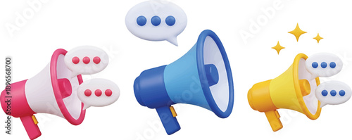 3d megaphone with speech bubble. Voice message. Realistic loudspeaker with speech banner, talk bubble. Announcement and communication concept. Promo icon. eps