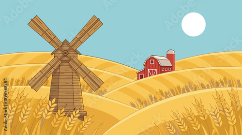 Rustic Farm Landscape with Windmill and Barn.