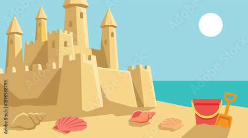 Sandcastle on a beach with ocean and sun in the background.