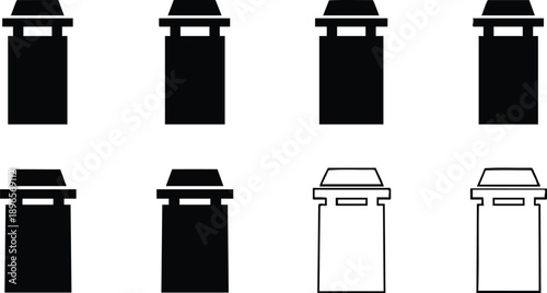 Simple black and white vector icons set of mailbox or postbox in solid and outline styles isolated on white background showing front views and lids