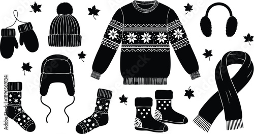 Black and white vector art of winter clothing items including mittens hat sweater socks boots scarf and earmuffs surrounded by scattered autumn leaves