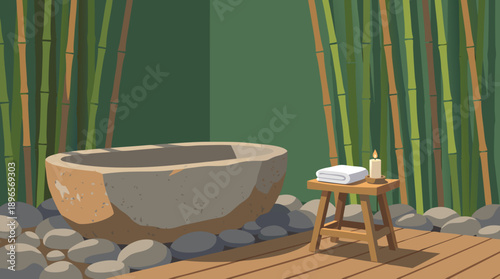 Serene Japanese Onsen Bath with Bamboo and Stones.