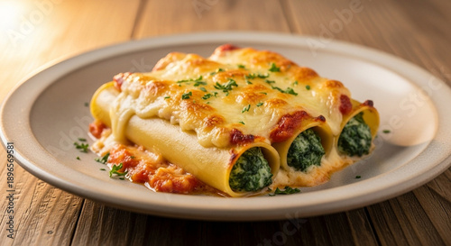Plate of cheese and spinach cannelloni baked with light sauce