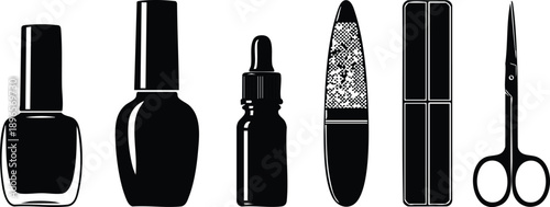 Minimalist black and white vector nail polish bottles dropper file and scissors in a row close up top view with isolated flat studio lighting glossy