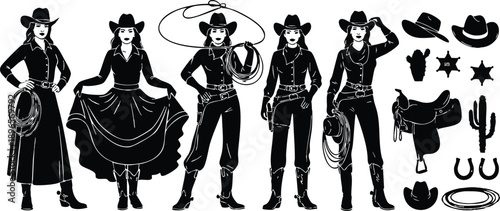Black silhouette cowgirl figures in various poses with whip skirt hats holding rope vintage western style line art collection including cactus horseshoe saddle and sheriff badges