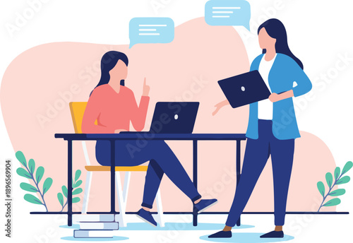 Office women talking - Two businesspeople at work having conversation and dialogue. Flat design vector illustration with white background.