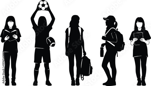 Silhouette vector art of young girls holding soccer ball rugby ball backpacks tablet educational reading standing isolated on white background