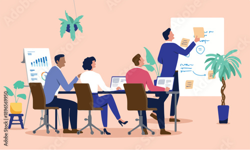 Team of business people having a brainstorming workshop or a meeting in an office, discussing a new project plan or a creative strategy, flat design vector illustration.