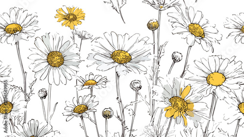 Beautiful Hand Drawn Daisy Flower Seamless Pattern Vector Art and Illustration