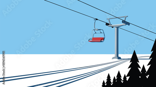 Ski lift chair moving over snowy mountain landscape with pine trees.