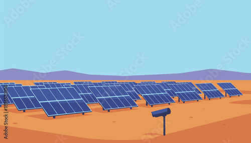 Solar Panel Field in Arid Landscape Generating Clean Energy.