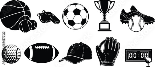 Black and white silhouette collection of various sports equipment including basketball tennis whistle soccer trophy cleats baseball golf football cap glove and scoreboard icons