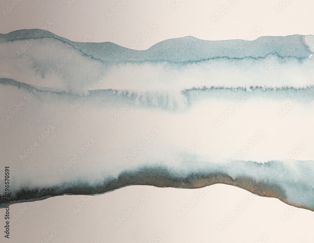 Obraz premium Ink Watercolor hand drawn smoke flow stain blot Painting Wave Landscape. Blue gray, beige on wet grain texture paper background.