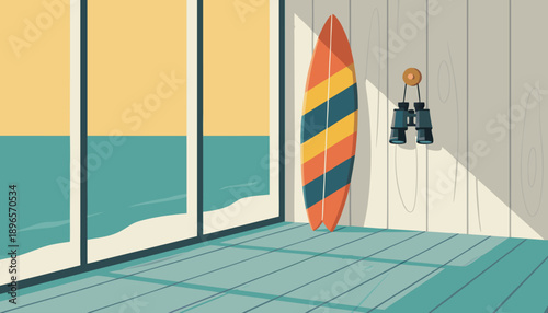 Surfboard and Binoculars in a Beach House with Ocean View.