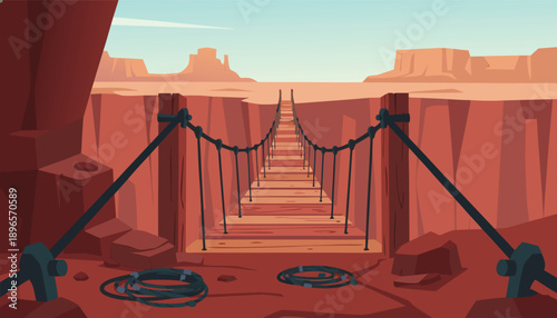 Suspension bridge over a desert canyon.