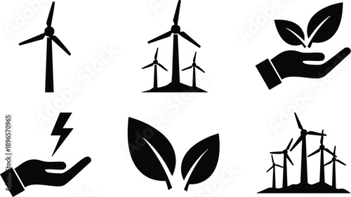 Minimalist black icons set showing wind turbines with blades different sizes and hand holding leaves or energy symbols vector art representing renewable energy and sustainable environment
